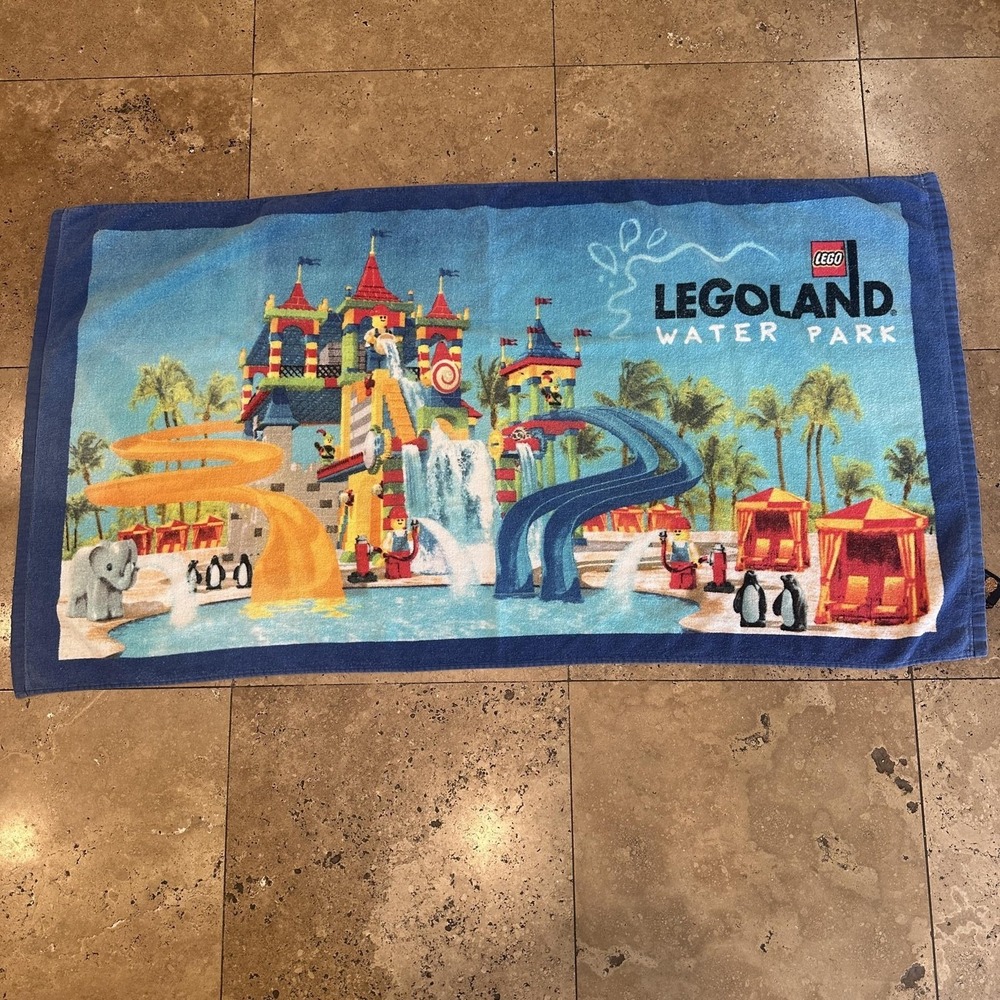 VTG Y2K Legoland Water Park Beach Towel Multicolor LEGO Slides Penguin 28x51 Kid